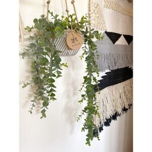 Hanging Faux Eucalyptus Plant in Textured Concrete Pot with Jute Twine